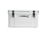 Blue Coolers Cobalt 55-Quart ice chest with open lid for easy camping access.