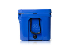 Blue Coolers Ice Vault 60qt lid-closed demonstrates secure locking for travel