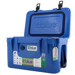 Blue Coolers lid doubles as cutting board or seat.
