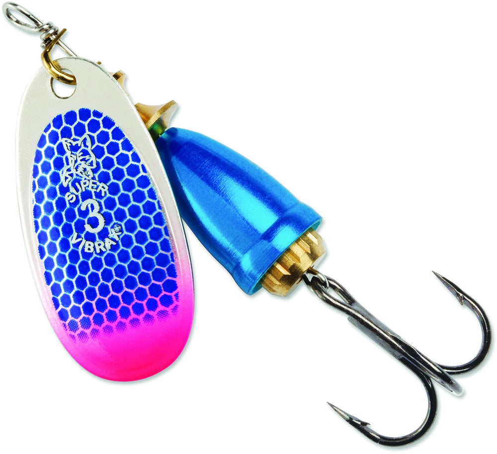 Blue Fox Classic Vibrax 05 lure with blue scale pink tip UV boosts visibility to attract fish.