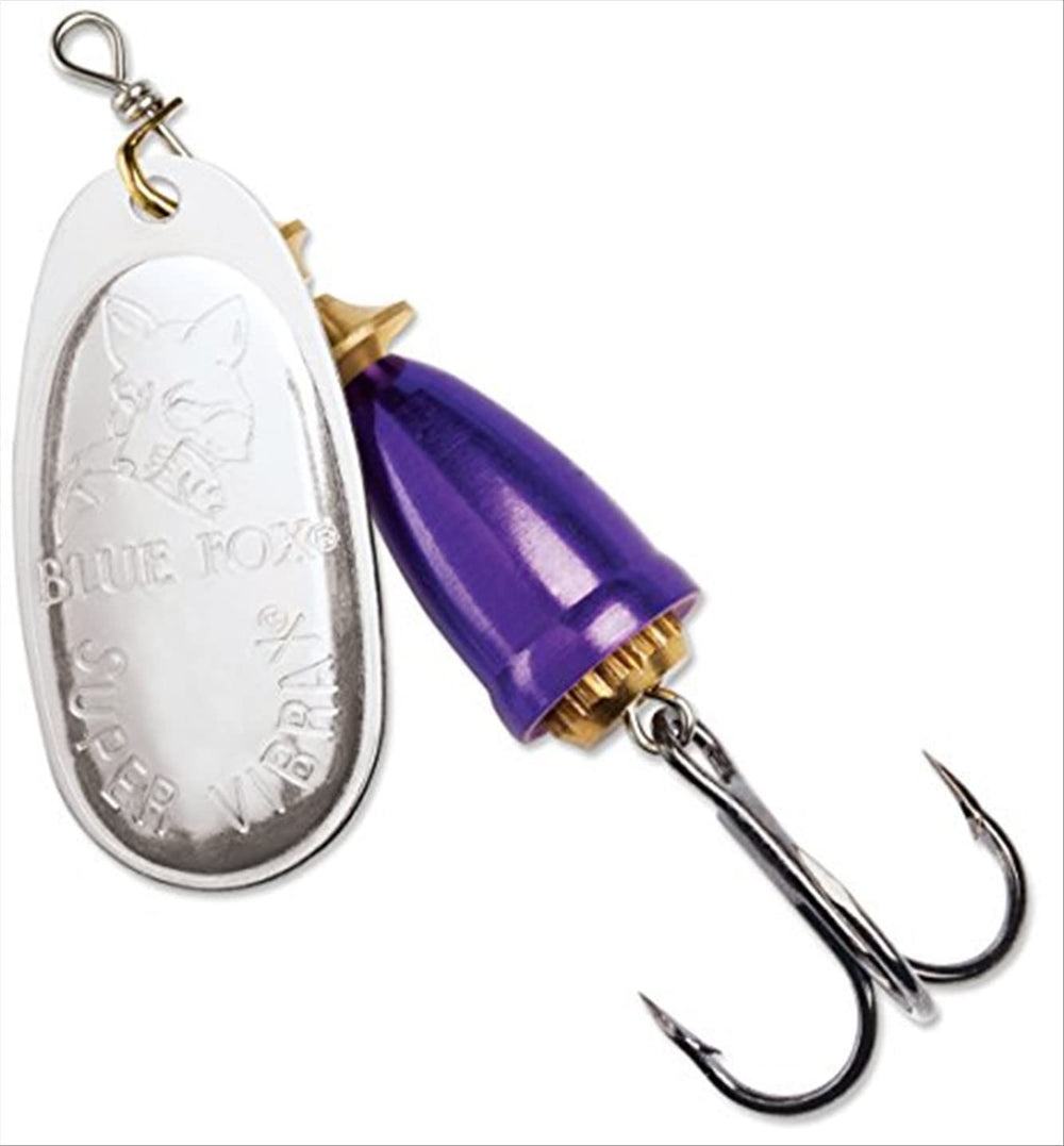 Blue Fox Classic Vibrax 06 lure with silver plating and purple accents attracts bites