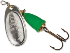 Blue Fox Super Vibrax Classic Spinner front view with silver-green finish for smooth casting