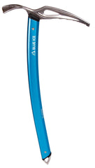 Blue Ice Bluebird ice axe front view shows forged steel head for steep ice.