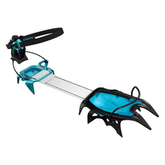 Blue Ice Harfang crampon front view shows dual-position front bail for icy ascent.