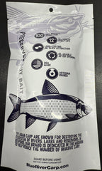 Blue River Carp blood scented cut bait closeup emphasizing durability and shelf-stable design.