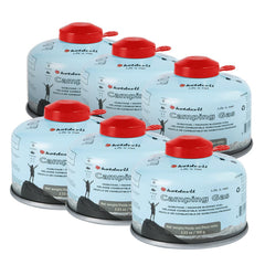 BlueFire isobutane fuel canister; portable 3.8x3 inch size for compact camping heat.