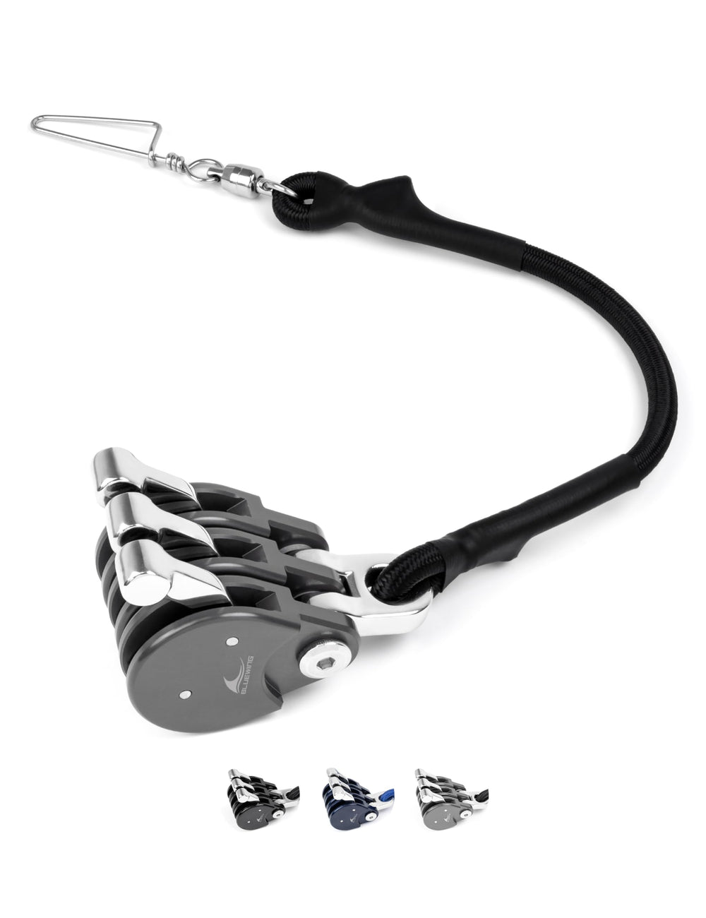 BLUEWING Blue Water Outrigger Line Lock Pro front view highlights hard-anodized body for saltwater durability