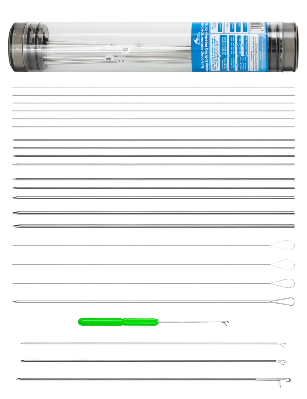 BLUEWING hollow needle threading shows smooth passage for monofilament connections.
