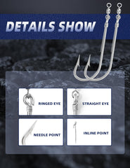 Close-up of ultra-sharp Bonita hook point on strip trolling hook