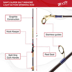 B'n'M Sam's Super Salt Inshore Rod held in hand during a smooth reel-in.