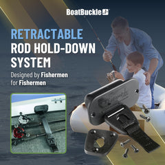 Self-retracting strap extended to secure fishing rods on boat deck