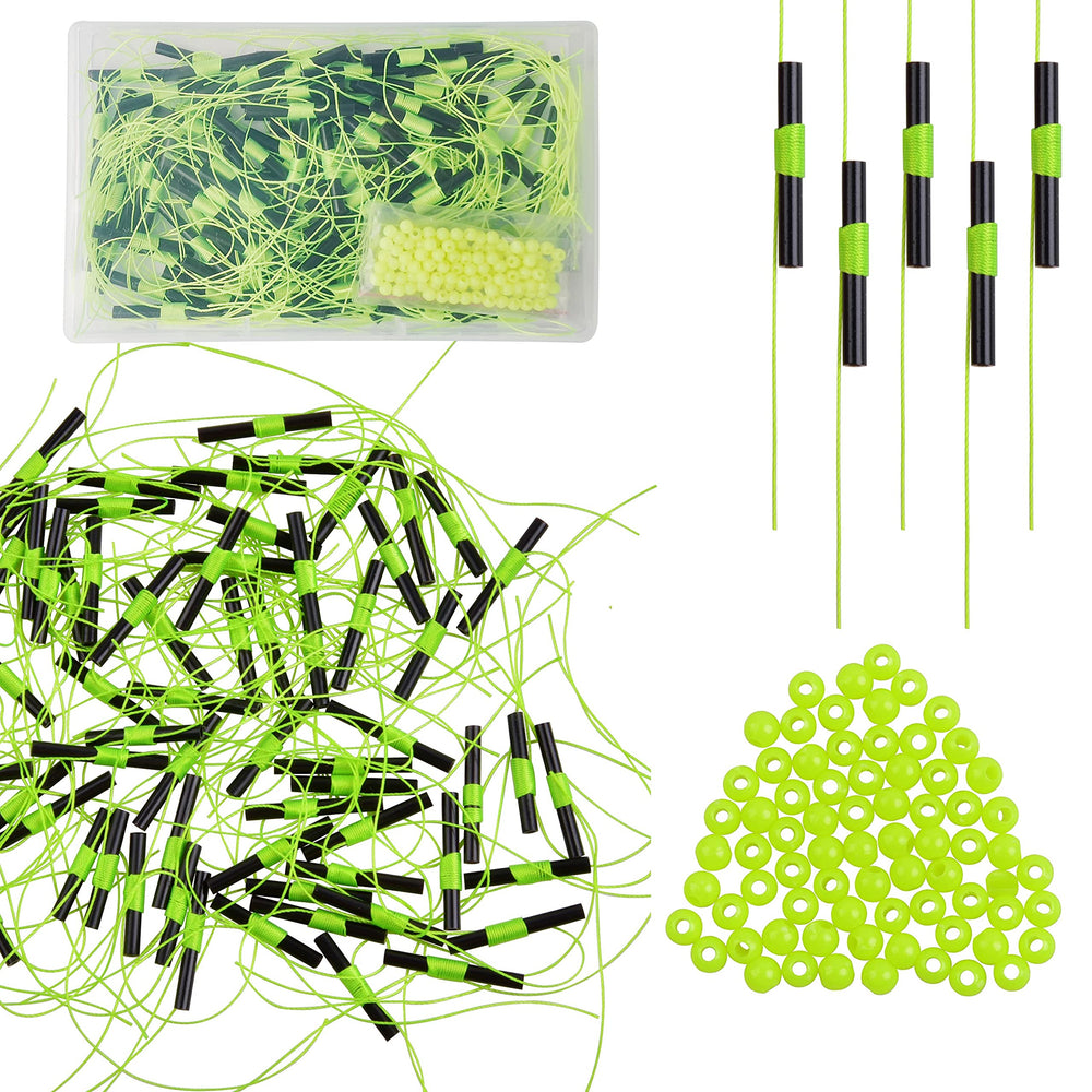Assorted bobber stops with beads and tubing, close-up