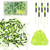Assorted bobber stops with beads and tubing, close-up