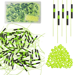 Assorted bobber stops with beads and tubing, close-up