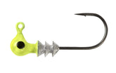 Bobby Garland Crappie Pro Jig Heads chartreuse close-up showing bait-keeper and glow.