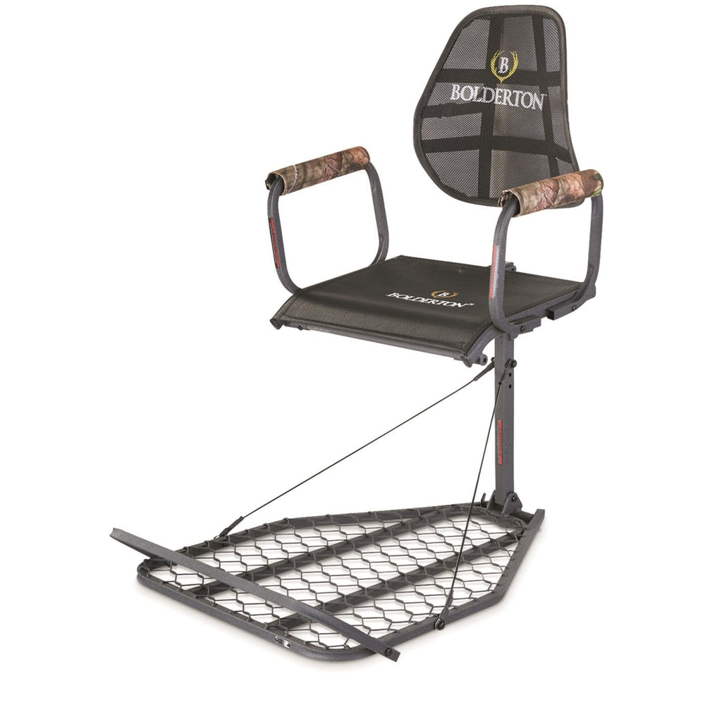 Bolderton Deluxe Hang-On Tree Stand seat adjustment for customized comfort during long hunts.