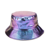 Front view of BOLLEY JOSS metallic bucket hat in purple-blue holographic finish