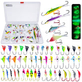 Bombite 52-piece ice fishing lures kit layout with 48 jig heads and 4 balancing jigs