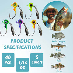 Crappie jig heads with willow spinner blades and rotating 360° action