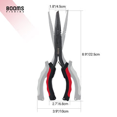 Close-up of Booms F03 needle nose pliers in red