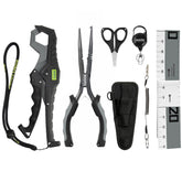 Booms 6-piece fishing tools kit components laid out: pliers, gripper, scissors, ruler, retractor and lanyard TK1 Black