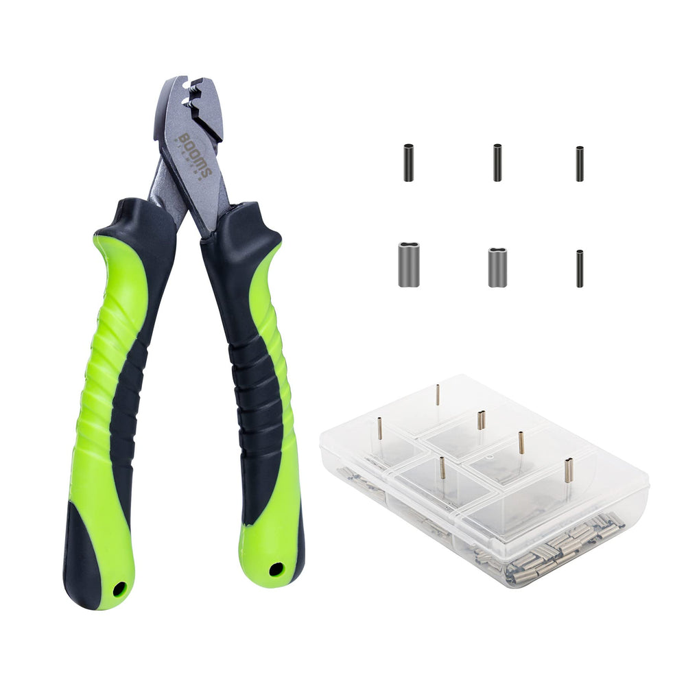 Front view of Booms Fishing CP2 crimping tool for single-barrel sleeves, green