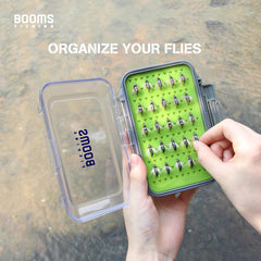 Booms Fishing FFB Fly Box opened to show two-sided storage