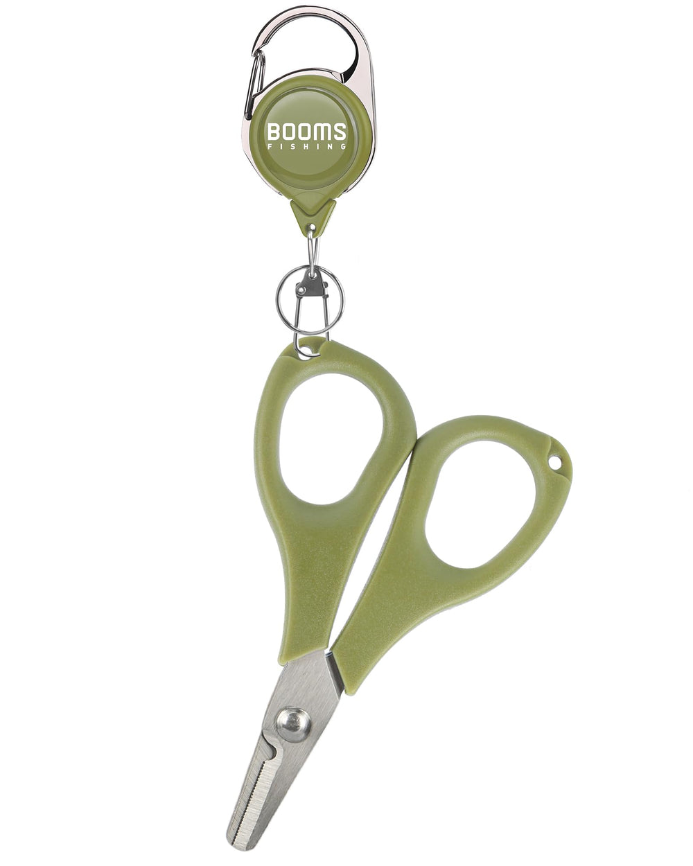 Booms S01 3.9-inch fishing scissors in green with retractable retractor