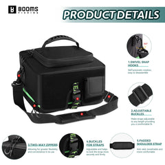 Booms Fishing RC4 Expandable Reel Bag opened, showcasing double-layer storage