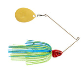 Booyah Covert lure with blue chartreuse skirt and red head for versatile water conditions.