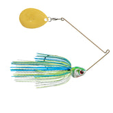 Booyah Covert spinnerbait in white-chartreuse-blue with gold Colorado blade for versatile bass fishing.