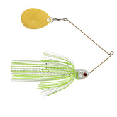 Booyah Covert spinnerbait close-up of white chartreuse silver-scale head for flash