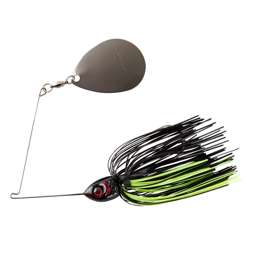 Booyah Moontalker spinner-bait with black-chartreuse blade boosts night bass visibility.