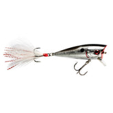 Booyah Prank topwater popper in Chrome Black spitting water to attract bass.