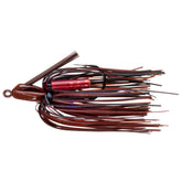Booyah Swim N Jig Black Brown 3/8oz front view highlights inline tie for weed-dense cover