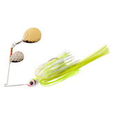 Booyah Tux and Tails spinnerbait in Chartreuse White/Gold with built-in trailer for freshwater bass.