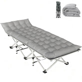 bop adjustable folding camping bed front view shows sturdy ten-leg frame for stable outdoor use
