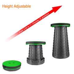 Boreeman folding stool telescoping height shows 12-position adjustable seating.