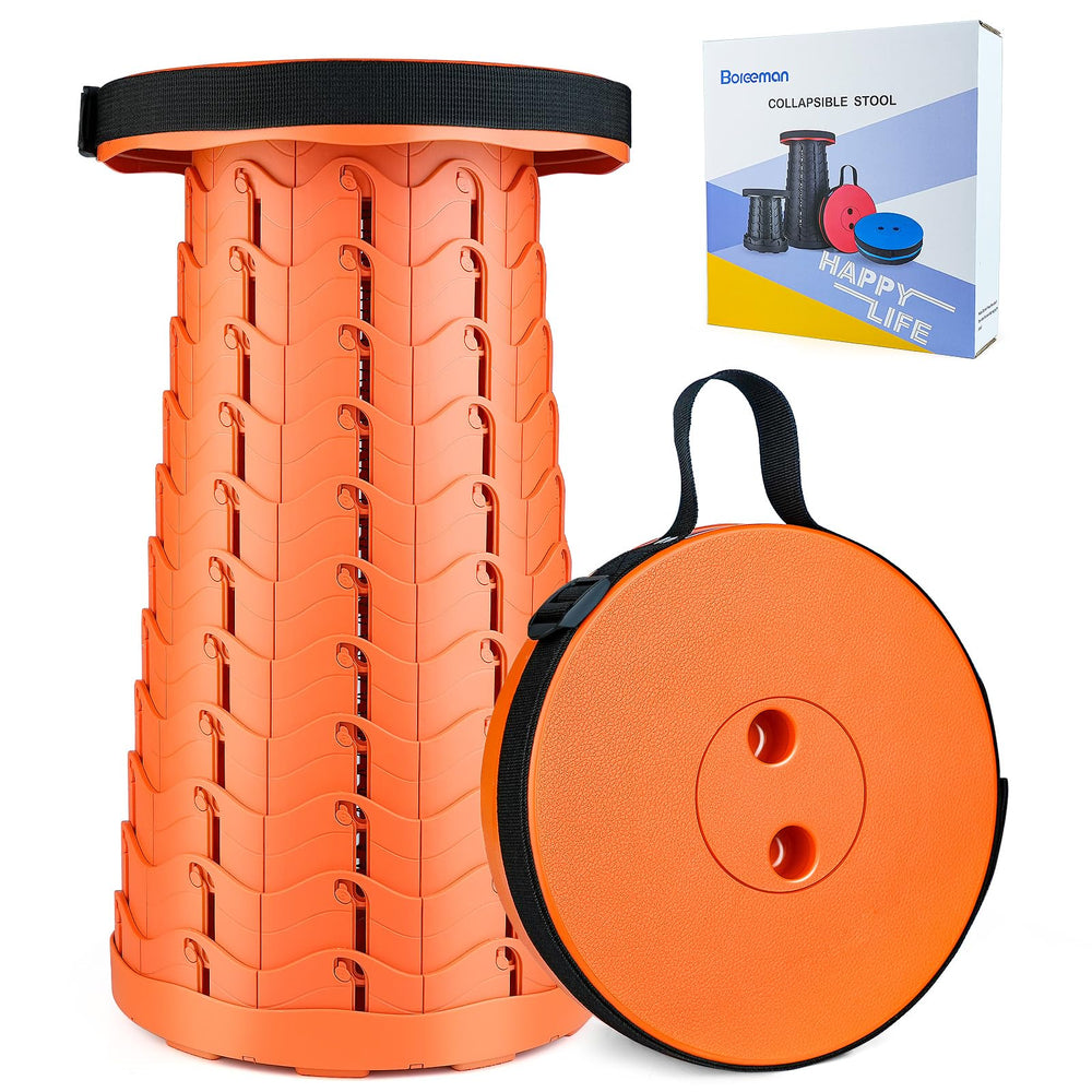 Boreeman Upgraded Folding Stool closed view, compact and portable for camping adventures.