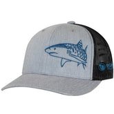 Born of Water Tiger Shark Trucker Hat front view, sun protection for diving and fishing.
