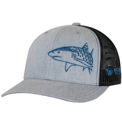 Born of Water Tiger Shark Trucker Hat front view, sun protection for diving and fishing.