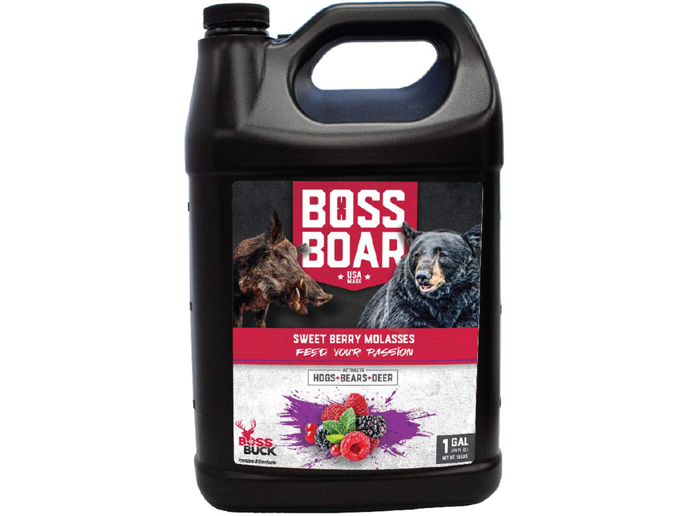 Boss Buck Boss Boar Sweet Berry Molasses attractant pour-over on rotted stumps to lure bears, deer, and hogs.