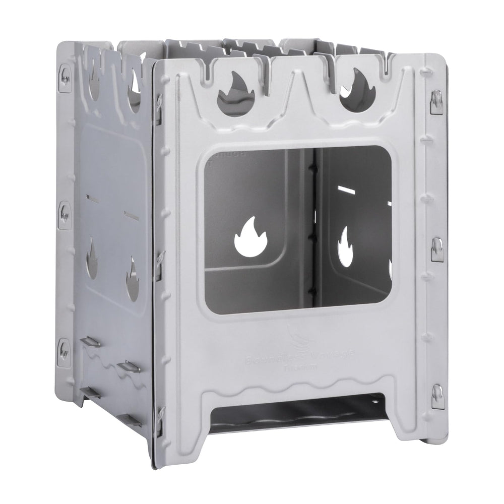 Boundless Voyage folding wood stove folded flat for ultra-compact backpacking.