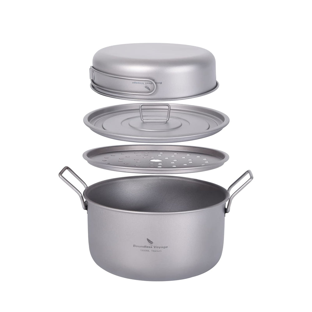 Boundless Voyage Ti2057C pot and pan set assembled for ultralight backpacking.