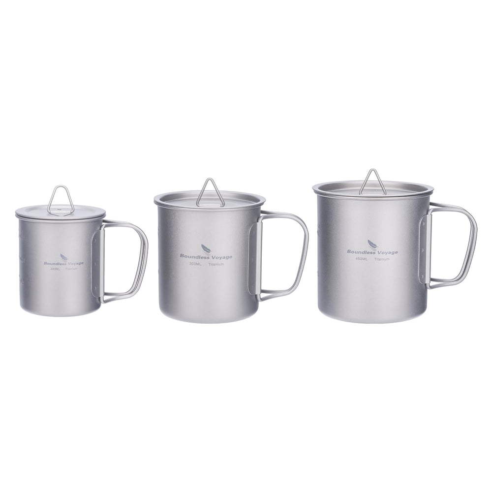 Boundless Voyage titanium cup with lid closed, leak-free for camping adventures.