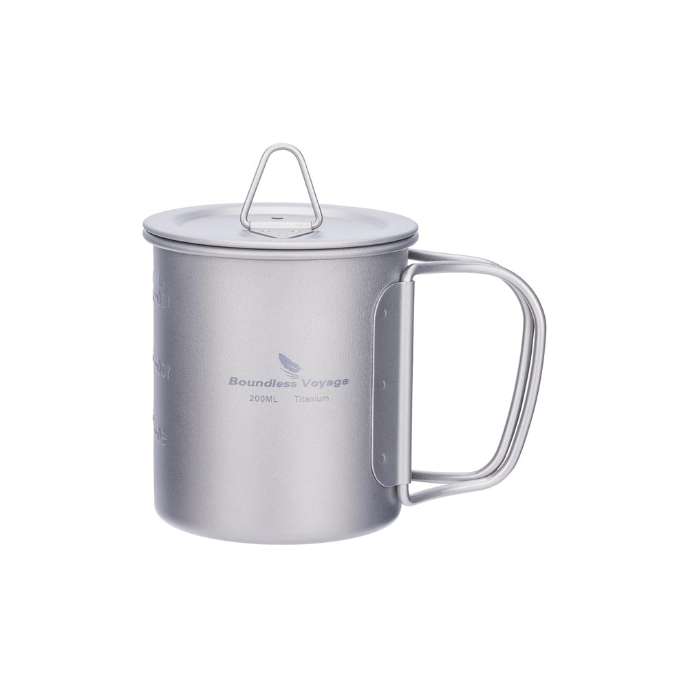 Boundless Voyage titanium cup with lid open, foldable handle for outdoor use