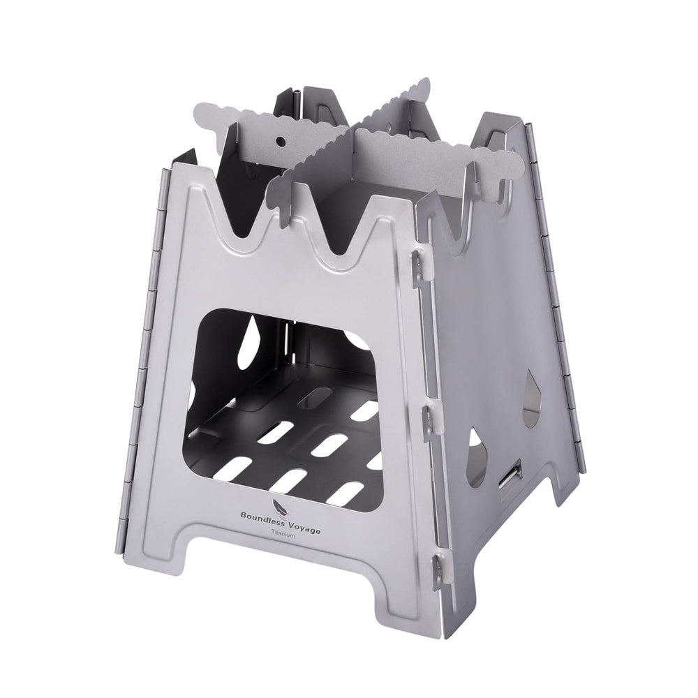 Boundless Voyage titanium folding stove open for lightweight backpacking setup.