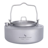 Boundless Voyage titanium kettle folding handle close-up demonstrates portable durability.