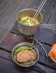Boundless Voyage titanium pan 500ml ideal as a lid or fry pan on outdoor meals.