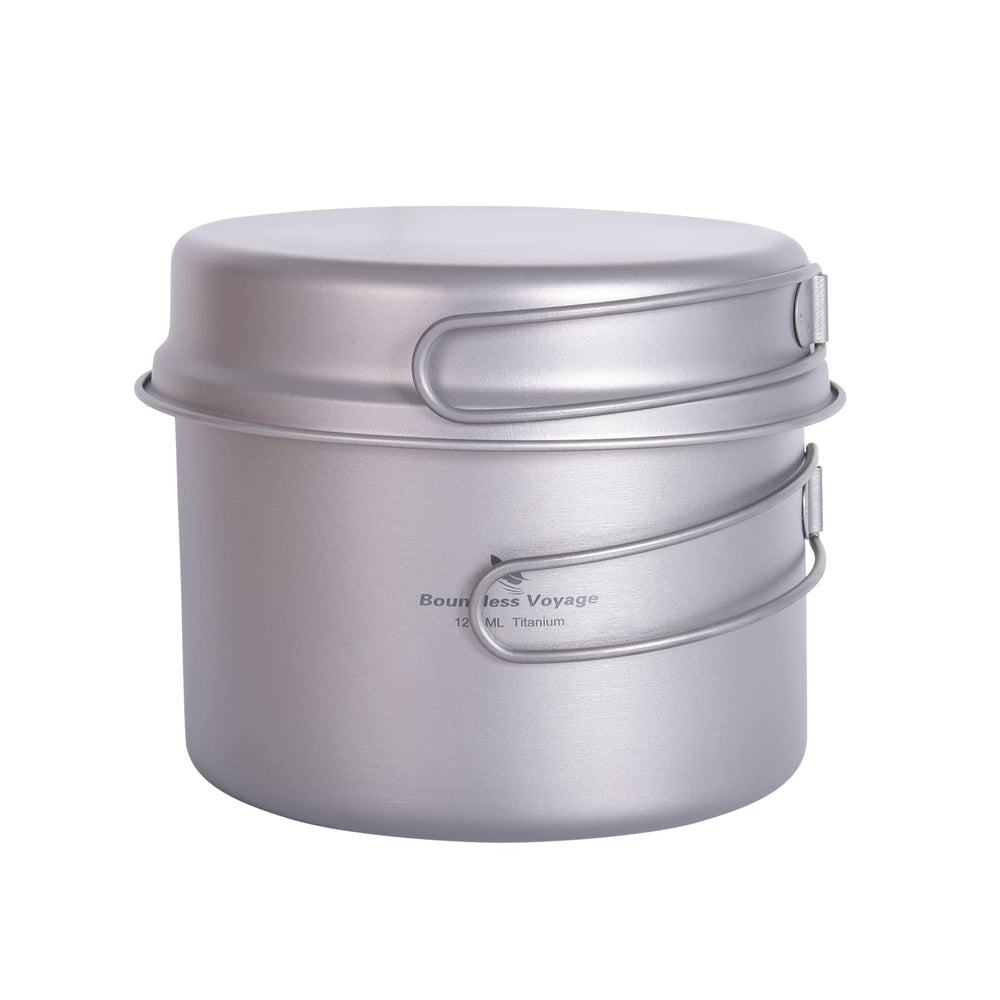 Boundless Voyage titanium pot 1200ml ready for on-trail cooking and boiling water.